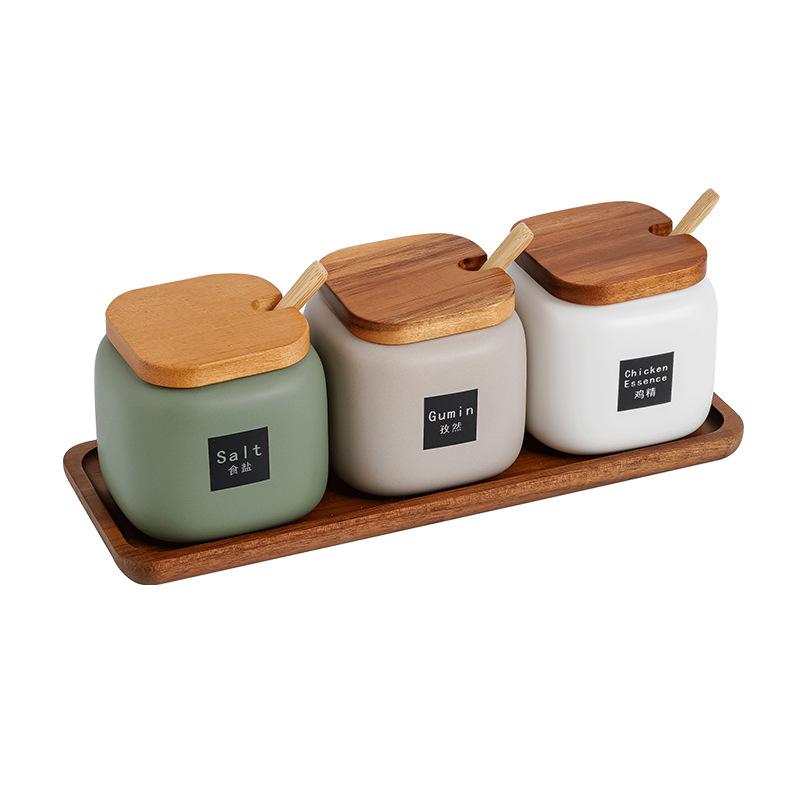 Japanese Style Kitchen Frosted Ceramic Spice Jar Set Creative Simple Seasoning Box 3-piece Set Salt, Sugar and Pepper Shakers