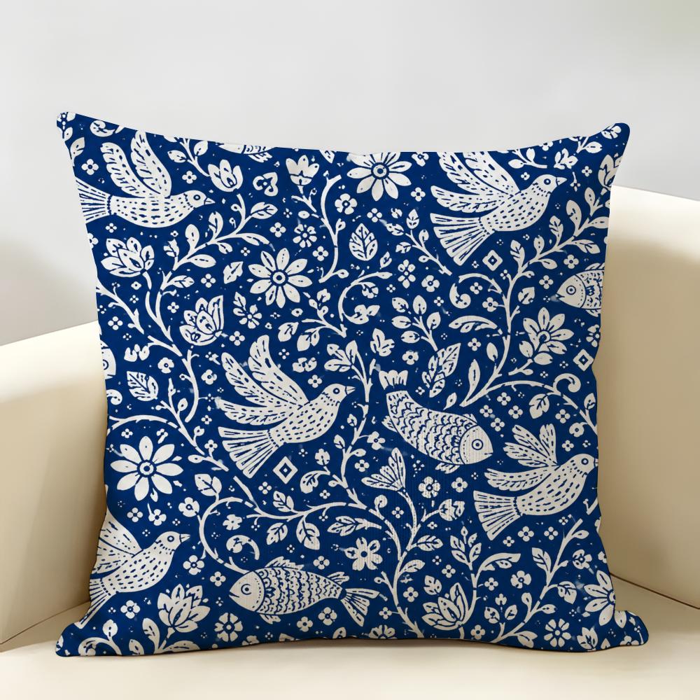 Indigo Blue Block Birds Animals Cushion Cover Durable Hypoallergenic Organic Linen Short Pillow Cover Washable