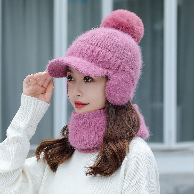 Ladies rabbit fur knitted hat trendy student wool ear protection cap outdoor cold protection warm scarf velvet