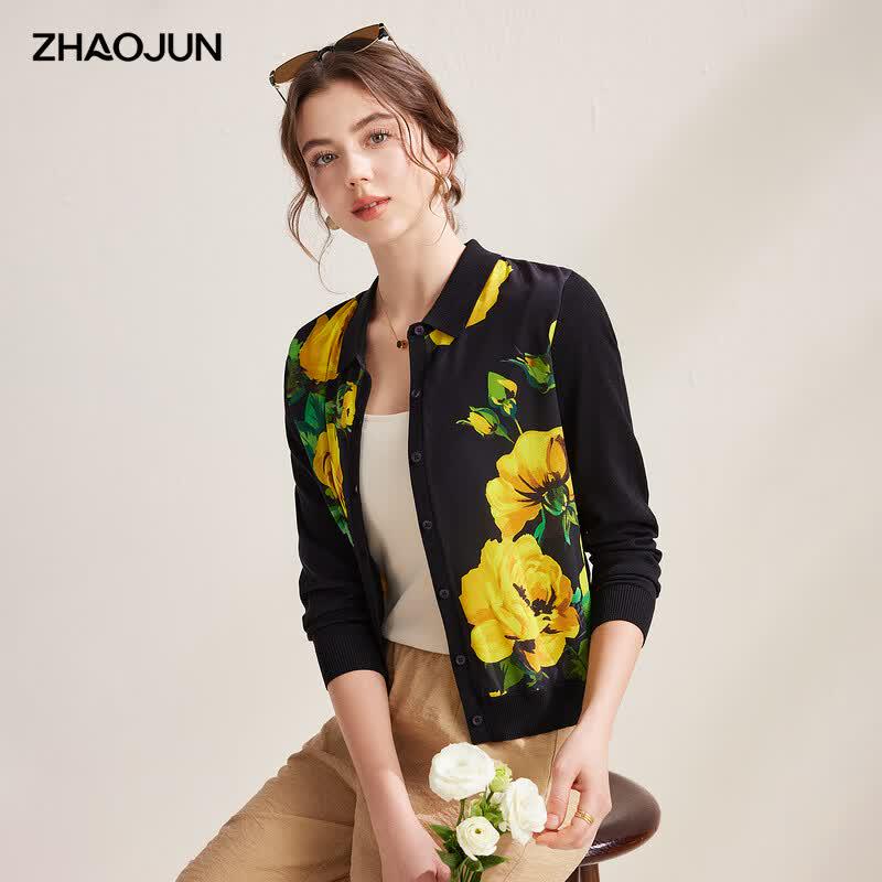 Zhaojun Women s Printed Silk Blend Polo Knit Cardigan M