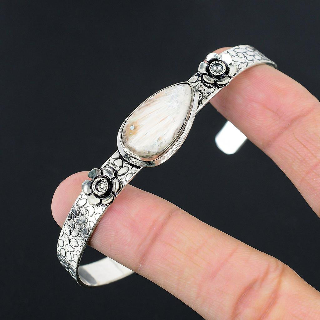 Daughters Day Deal 925 Silver Pear Scolecite Gemstone New Flower Bangle Bracelet