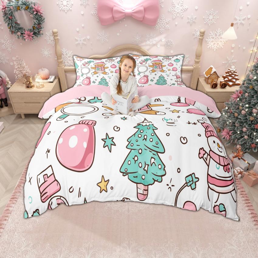 Homewish Christmas Tree Duvet Cover Set for Children, Xmas Gingerbread Bedding Set, Santa Claus Comforter Cover Set