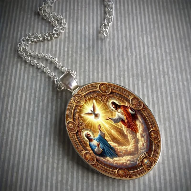 Christian Trinity Religious Pendant Necklace, Faith And Peace Pendant Necklace, Time Gem Glass Pendant, Unisex