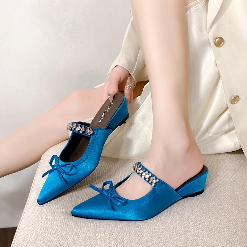 Fashion Wedges Crystal Women Slippers Elegant Mid Heels Sandals Slingback Mules Shoes Fashion Woman Pumps 2025 Summer New Dress Zapatos