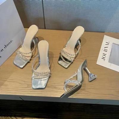 Yeni Yaz Seksi Moda Burnu açık kadın Sandalet Su Elmas Parlayan Kare Başlı Ziyafet kadın Yüksek Topuklu Büyük Tasarım