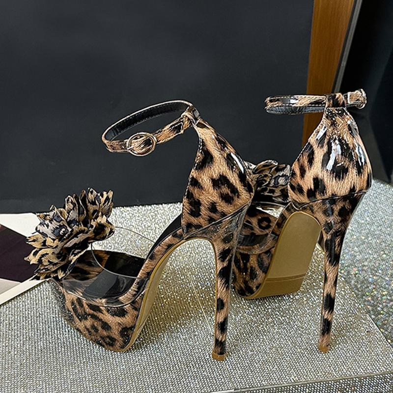 Móda Liyke Móda Leopardí Vzor Velké Květiny PVC Dámské Platformové Sandály Sexy Otevřená Špička 16CM Super Vysoké Podpatky Boty na Pole Dance pro Striptérky