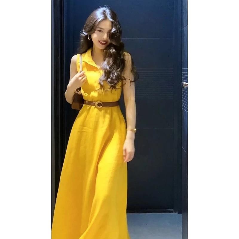 Summer French Niche Yellow Lapel Sleeveless Shirt Yellow Dress Fashion Temperament Waist Dress
