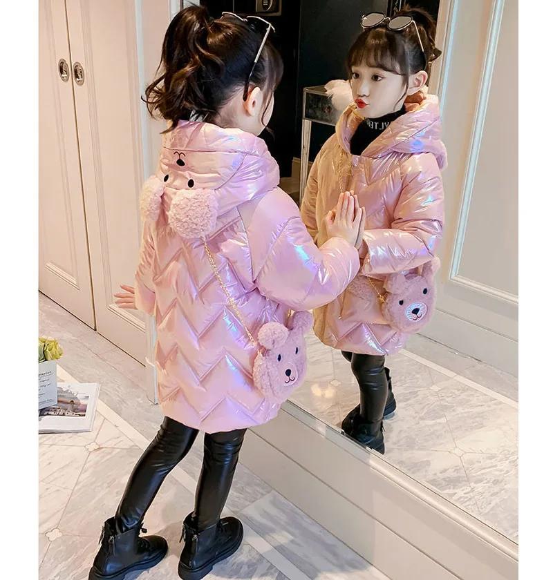 

Зимняя куртка для девочек средней длины, утепленная, с капюшоном, защита от холода, ветровка, пальто, рюкзак Bear Backpack 160 розовый