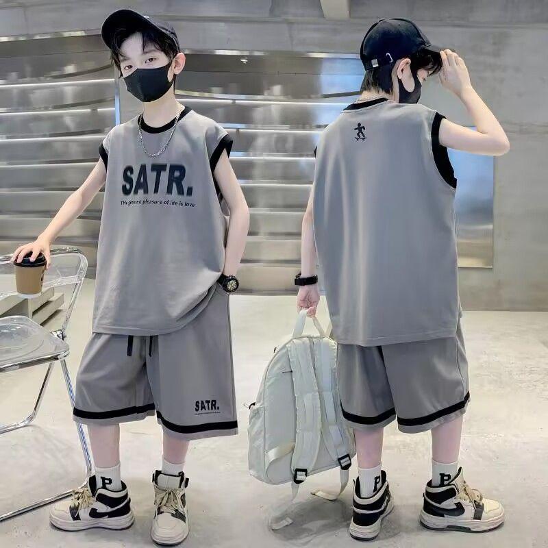 Traje sin mangas para niños Niños medianos y mayores Verano Chaleco de verano para niños Pantalones cortos de cinco puntos guapos Conjunto de dos piezas