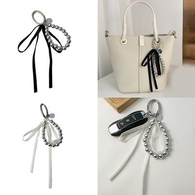 Elegant Bowknot Keychain Pendant with Ribbons Charm and Pearls Accents Accessory for Handbags and Phones Decoration