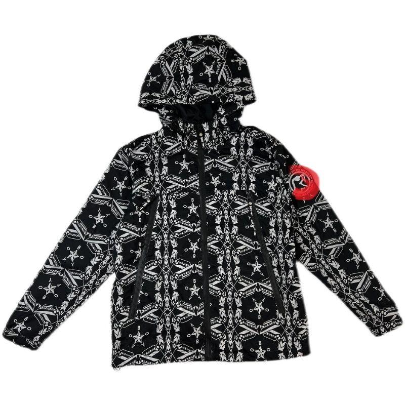 Domestic Single Men s Fashion Print Hoodie Young Students Leisure Popular Couple Zip-up Top Black S