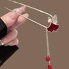 Traditional Hanfu Style Ginkgo Leaf Hair Stick with Red Velvet Zircon Inlay Pearl Red Bead Tassel Silver Metal Frame