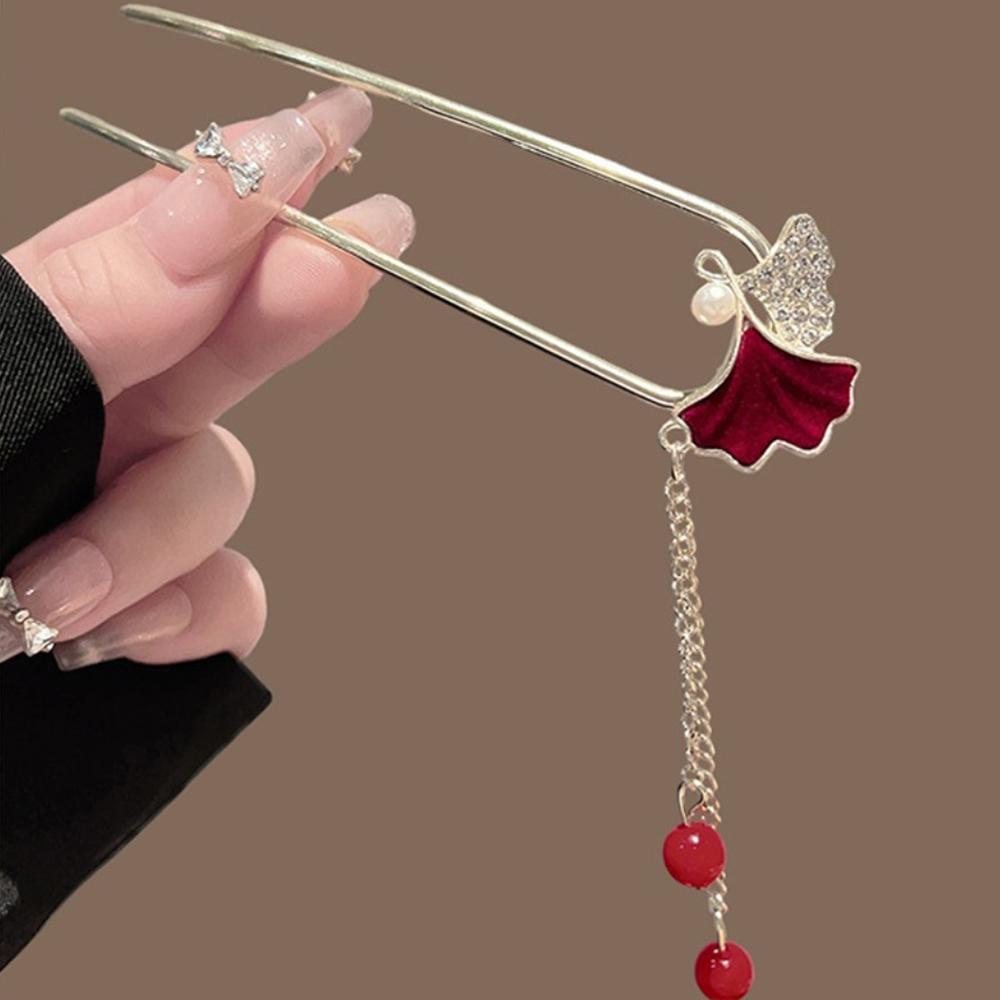Traditional Hanfu Style Ginkgo Leaf Hair Stick with Red Velvet Zircon Inlay Pearl Red Bead Tassel Silver Metal Frame