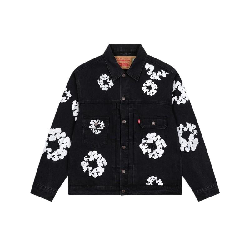 Streetwear Cotton Denim Jacket Pants Set With Floral Print Unisex Fall Outfit