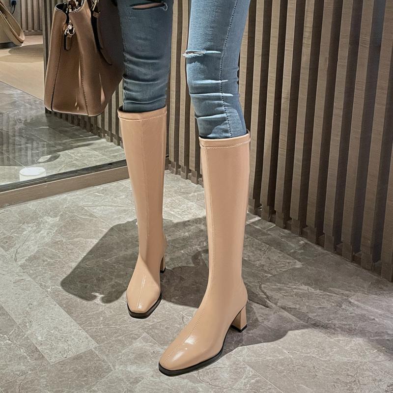 Women's High-heeled Boots Autumn and Winter New Thick-heeled Solid-color Large-size Simple Medium Boots