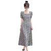 Chic French Floral Print Knee-Length A-Line Dress for Women: Summer Tea Style with Waist-Cinch and Slit Detail