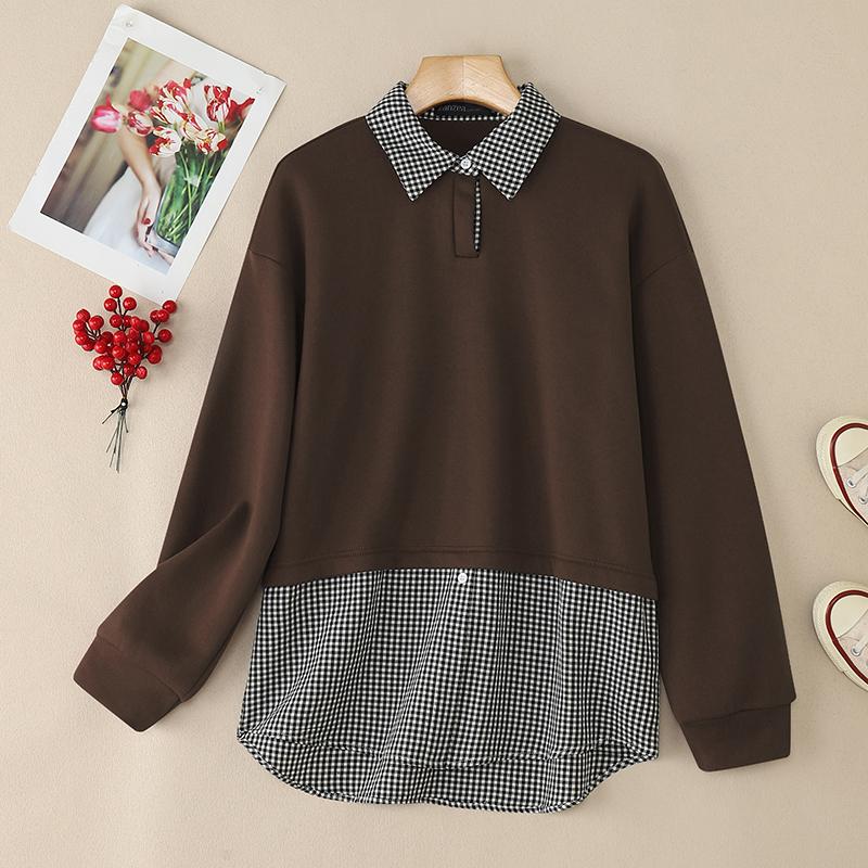 

ZANZEA Женский повседневный пуловер с клетчатым принтом, пэчворком, отложным воротником и длинным рукавом для осени коричневый