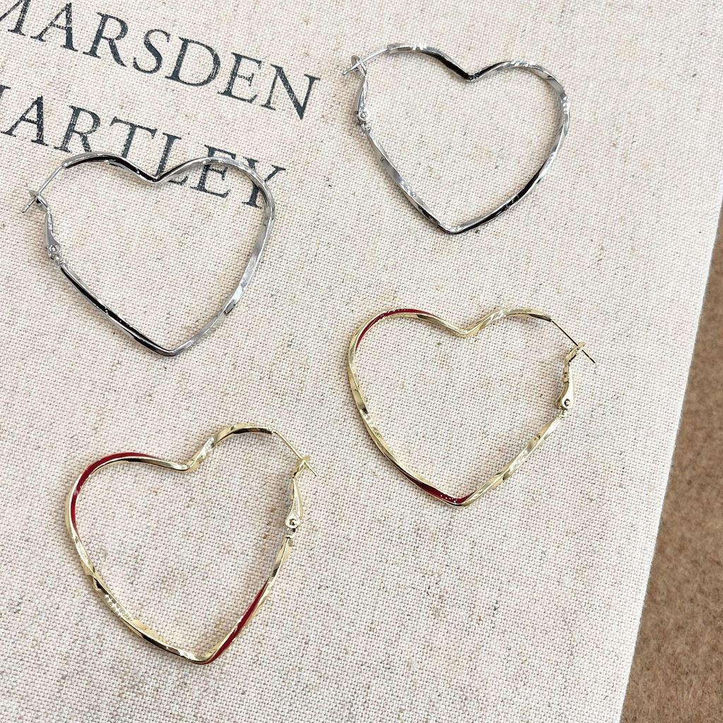 Large Geometric Heart Silver Earrings for Women - Elegant, Simple, European & American Style
