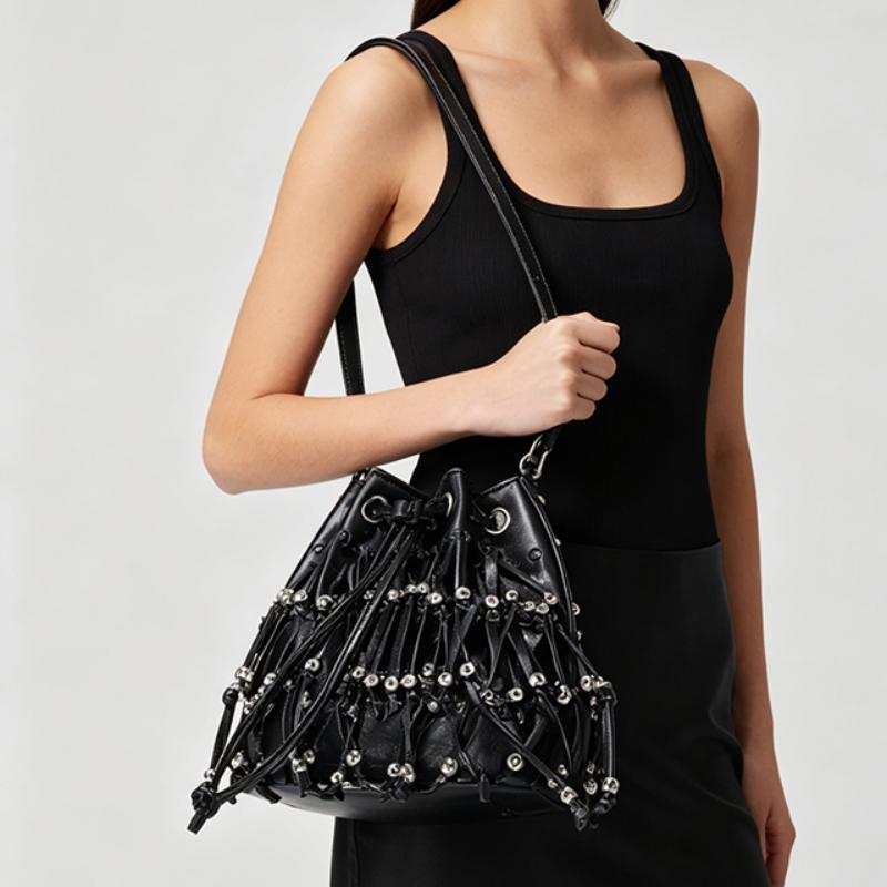 Fashion Rivet Bucket Bag Punk-style Fringes Beads Decor Underarm Bag Street Party Womens' Drawstring Design Large Handbag