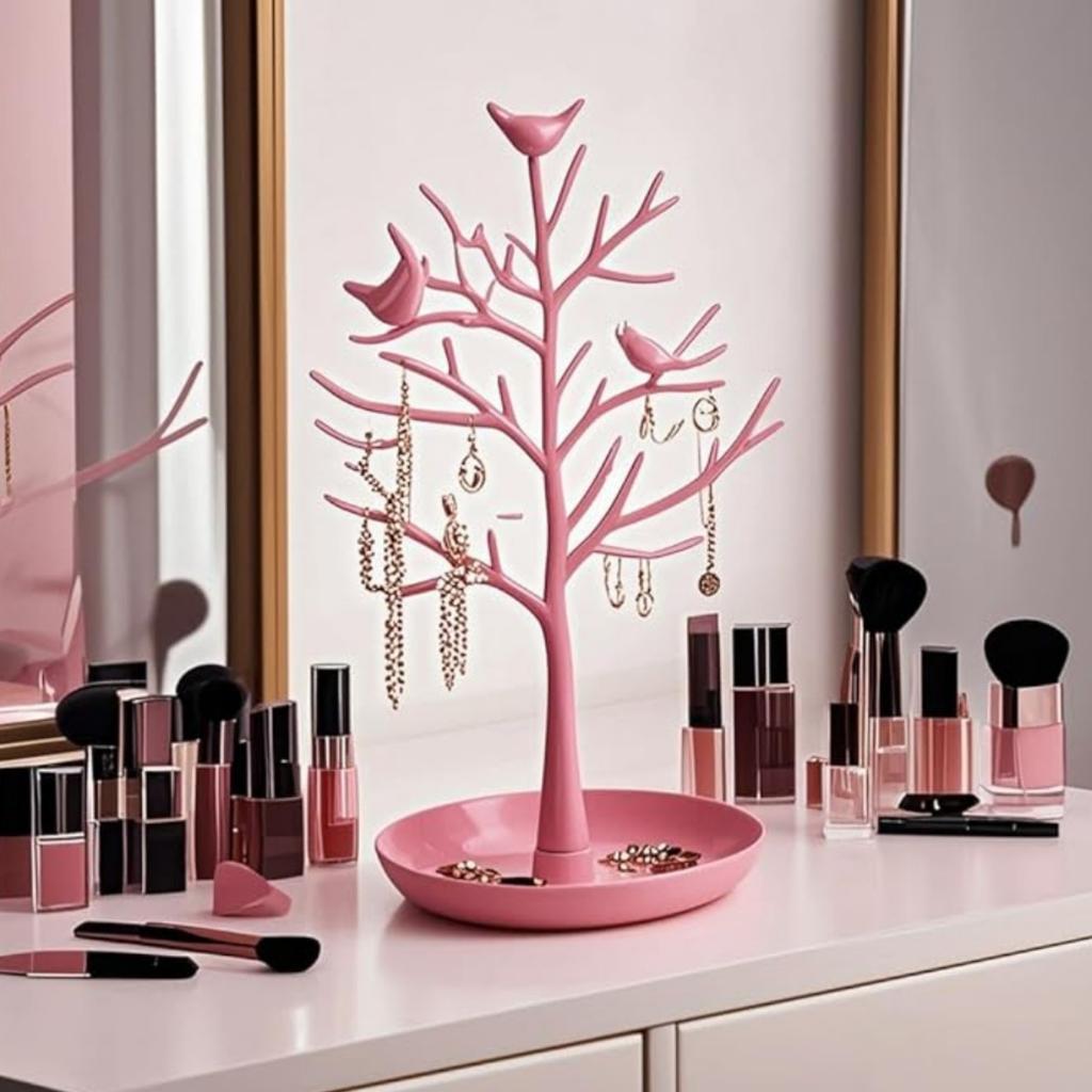 Schmuckständer Halskettenbaum Ohrring-Organizer Halter Kunststoff Vögel Baum Präsentation mit Ablage Antik Armband Ringe Ständer Turm Dekoration für Frauen Mädchen