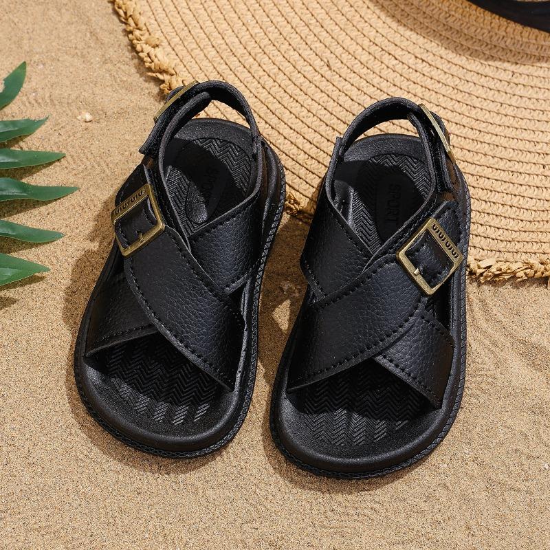 

Cross Strap Open Toe Sandals, Retro Soft Sole Buckle Beach Shoes for Girls 21 чёрный