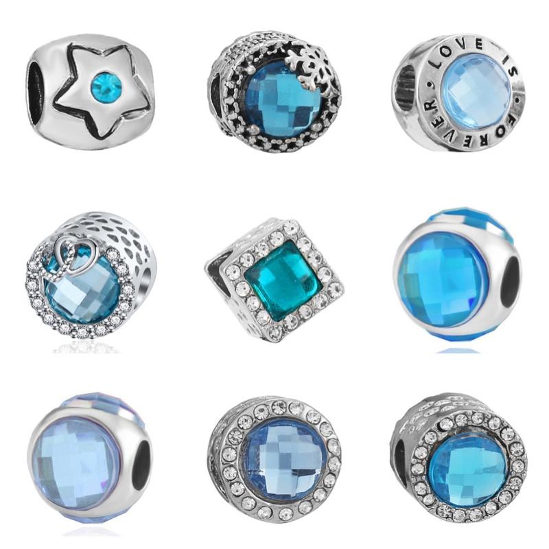New Silver Plated Blue Diamond Alloy Large Hole Charm Beads For DIY Bracelet Necklace Jewelry Accessories Gifts