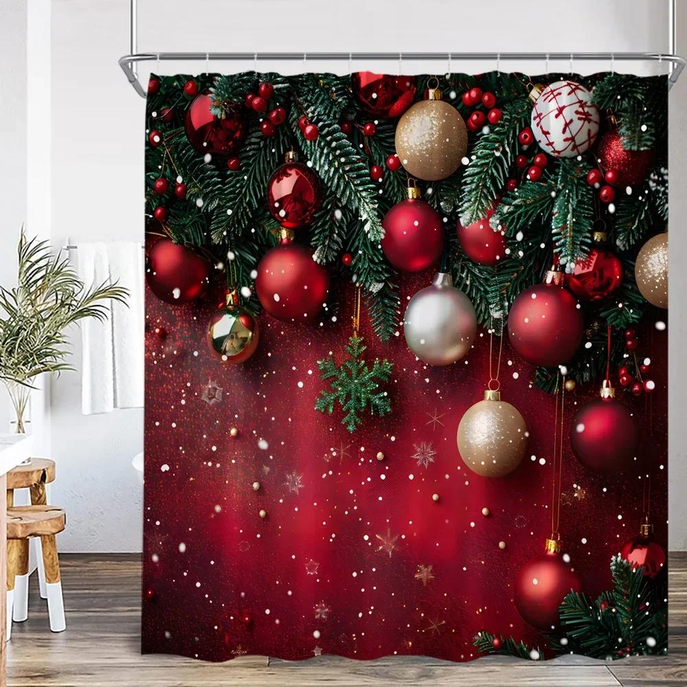 Chritsmas Shower Curtain Red Silvery Ball Xmas Balls Snowflake Pine Leaves Merry Christmas Winter Polyestert Bath Curtain Decor