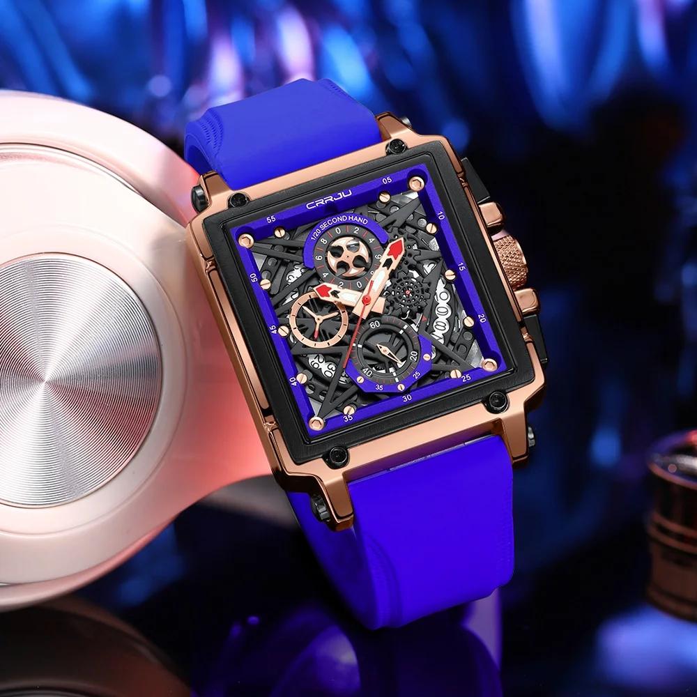 Men's Sports Chronograph Wrist Watch For Men Army Silicone Strap Square Quartz Stop Watch