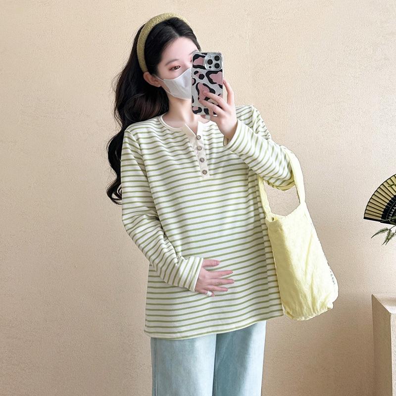 Women s Polo Neck Long Sleeve Tunic Top Loose Fit Korean Casual Striped Maternity T Shirt M