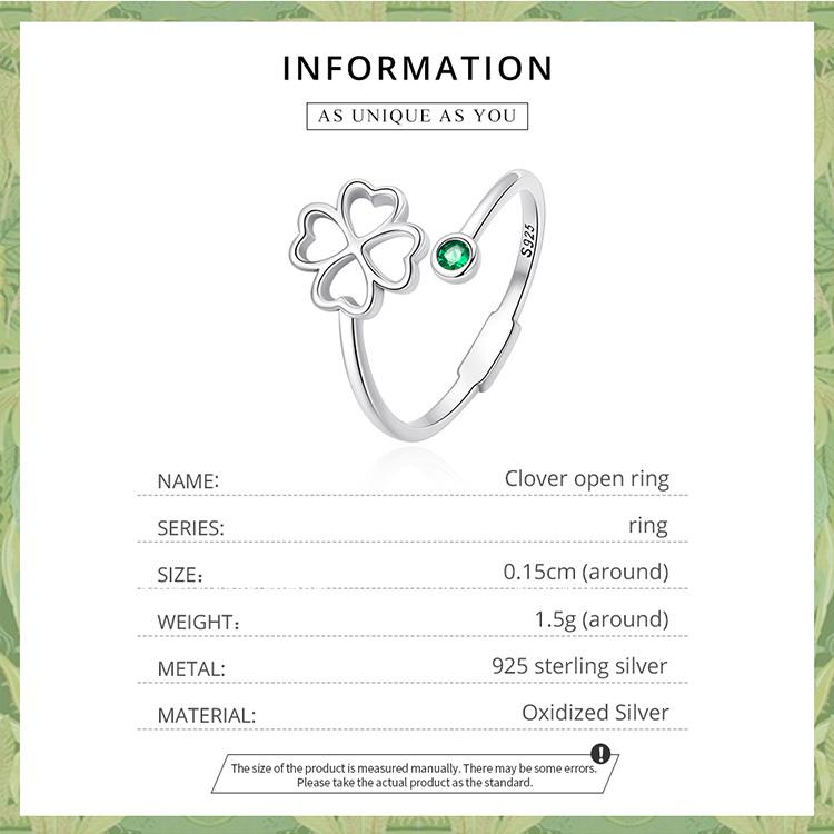 WOSTU 925 Sterling Silver Exquisite Zircon Hollow Four-leaf Clover Open Ring for Women Fine Jewelry Gift