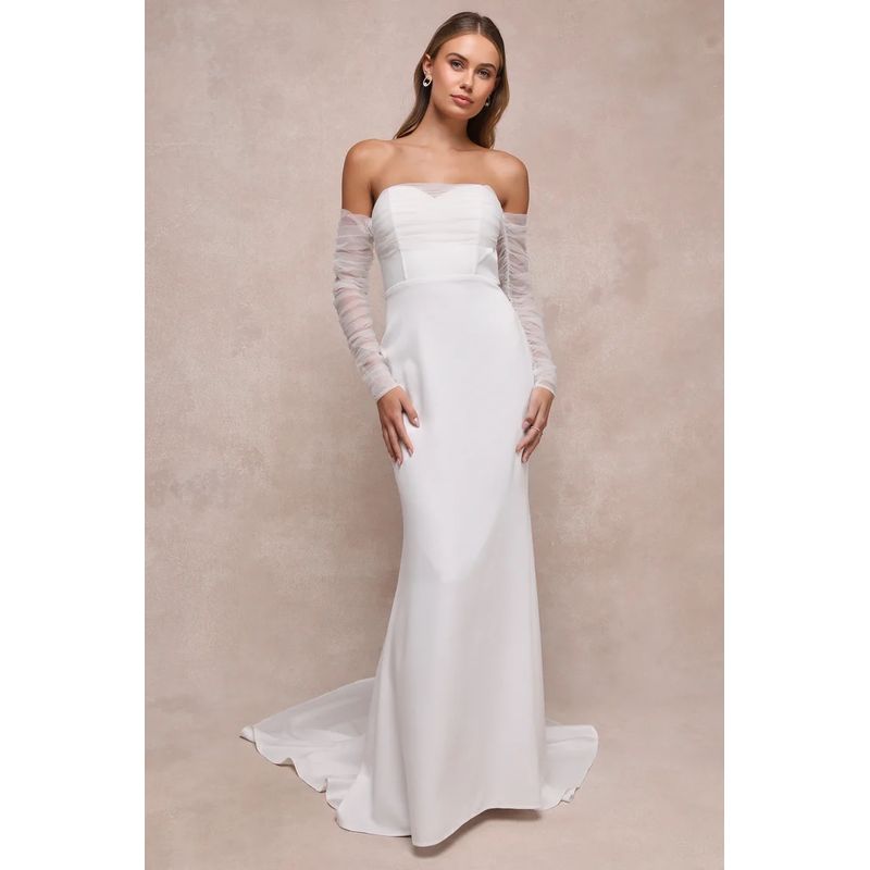 

French style Aura Lu s Tail Mesh Long sleeve off-Neck Design Socialite Style Figure Dress Evening dress White L