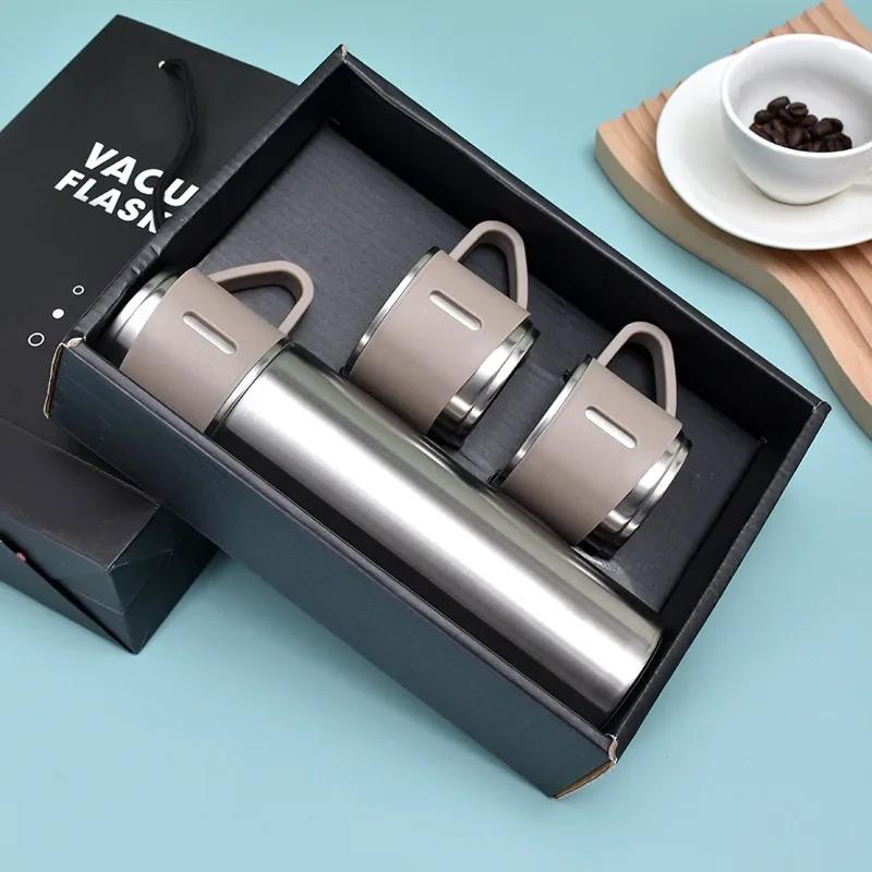 500ML 3-Tassen-Deckel Outdoor Heißwasser Thermoisolierung Neue Edelstahl-Vakuumflasche Geschenkset Thermoskanne Business-Stil