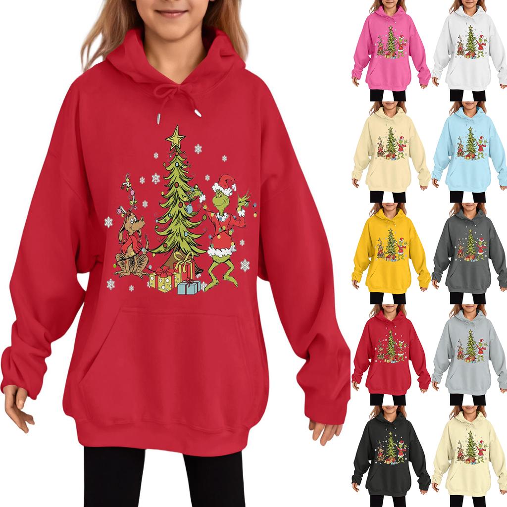 Children's Fashionable Casual Long-sleeved Loose Christmas Print Pullover Hooded Sweatshirt