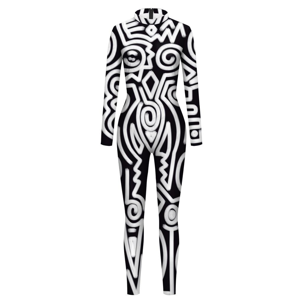 Women Men Punk Robot Abstract Art Geometry 3D Printed Jumpsuit Adults Halloween Cosplay Costume for Dancing Party Dress Up