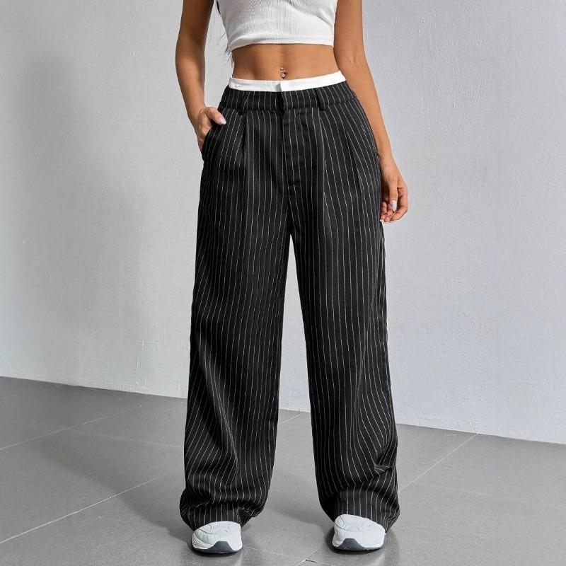 

European American New Women s Japanese Korean Casual Color Matching Simple Drape Straight Trousers with Wide Legs Pants S чорний