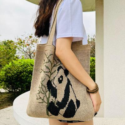 Moda Panda Örgü Omuz Çantası Basit Yün Örgü El Çantaları Kadınlar için Günlük Tığ İşi Tote Çantalar Büyük Kapasiteli Alışveriş Çantaları