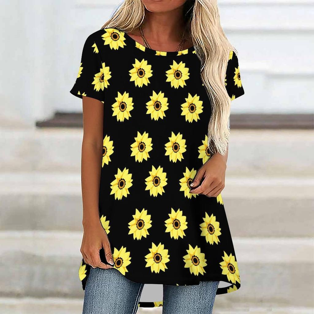 Túnicas Casuales Informales para Mujer con Estampado, Cuello Redondo, Dobladillo Irregular y Manga Corta