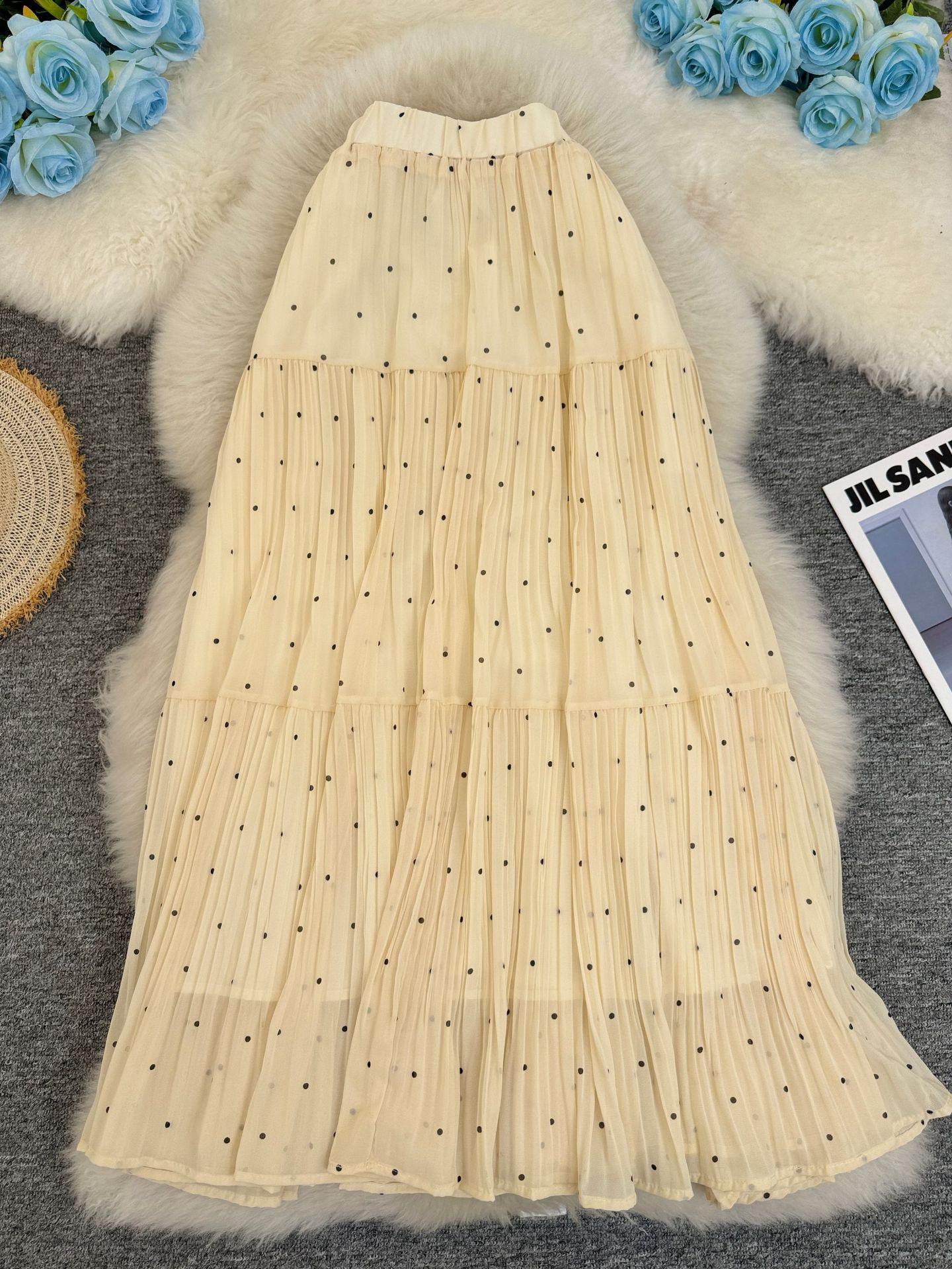 

European & American Polka Dot Chiffon Pleated A-Line Midi Skirt - High-Waisted, Commuter Style. One Size абрикосовий