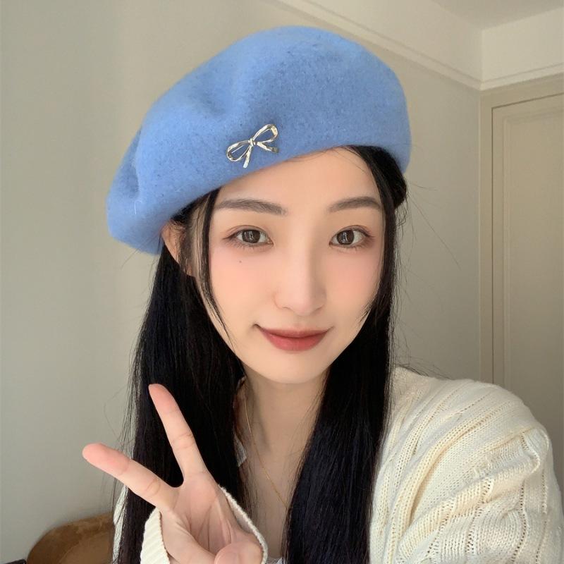 Bow Wool Beret for Women Japanese Style Sweet and Versatile Temperament Retro Fashion Painter Hat Trend
