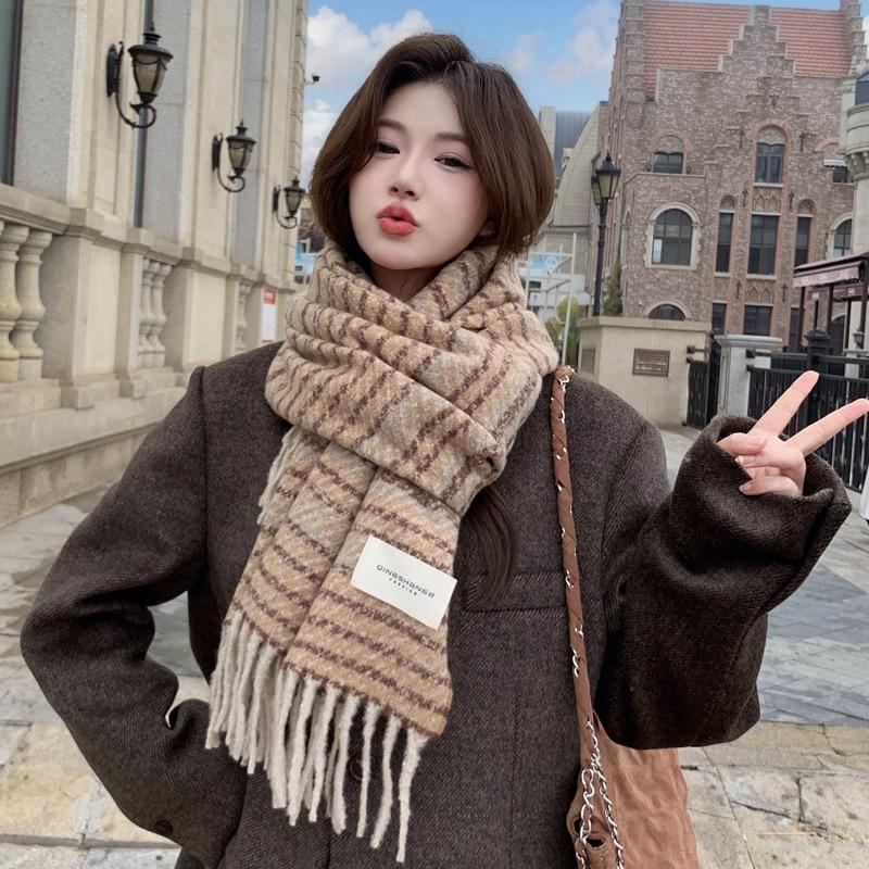 Women Winter Knitted Scarf Headscarf Lady Men Preppy Retro Striped Print Tassel Scarve Male Foulard Wrap Shawl Casual Korean New