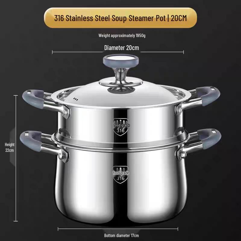 316 Stainless Steel Rivetless Stew Pot with Two-Layer Silicone, Large Capacity for Steaming and Simmering.