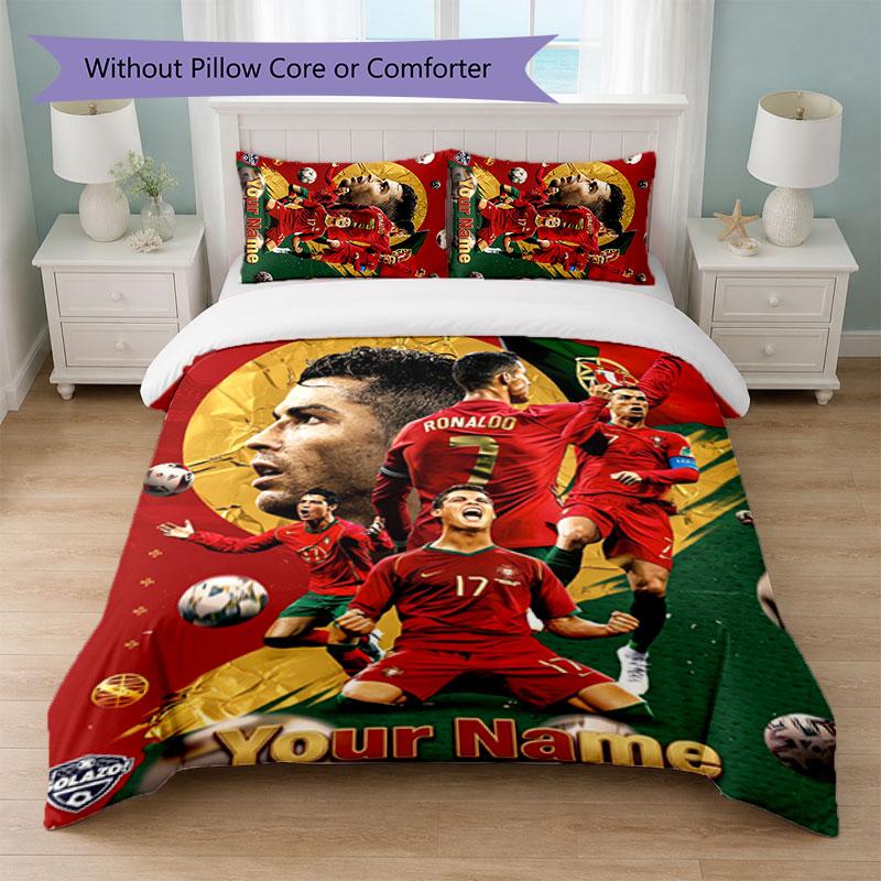 Set Biancheria da Letto Personalizzato Cristiano Ronaldo con Nome Testo 1 Copripiumino+2 Federe Logo Calcio Regalo Personalizzato per Occasione Speciale Arredamento Camera da Letto