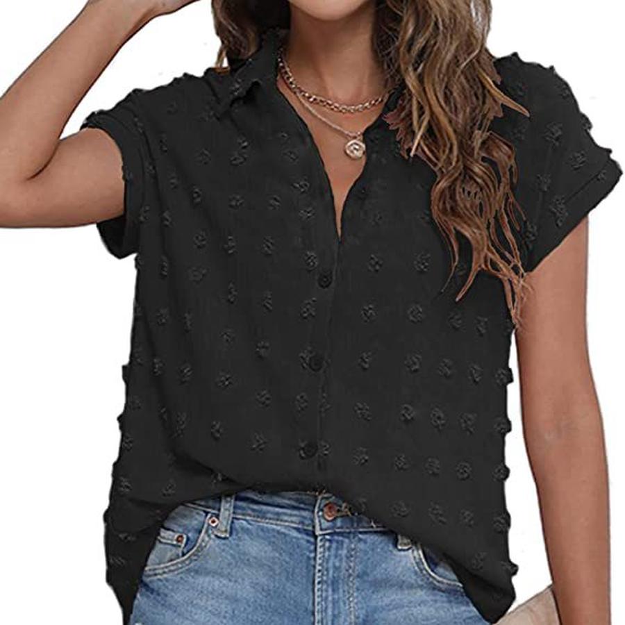 Women s Summer New Arrivals Loose Button Short Sleeve Shirt Ruffle Crinkle Shirt S чёрный