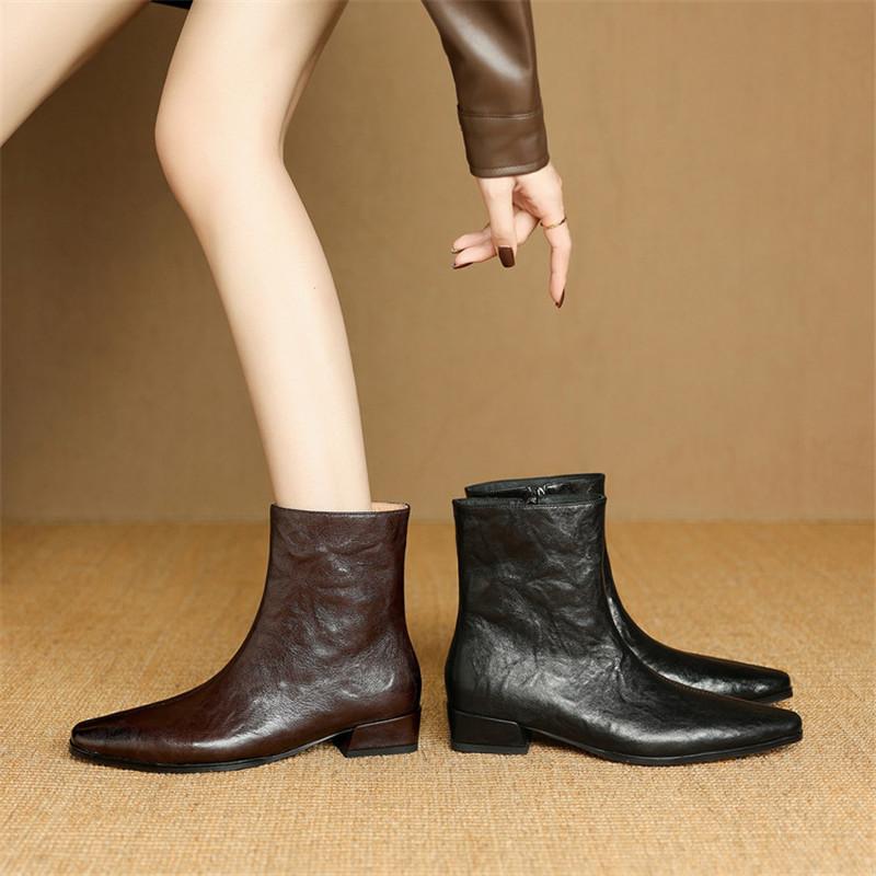 Fashion New Autumn/winter Genuine Leather Women Boot Square Toe Shoes for Women Fashion Boots Low Heels Short Boots Black Boots Handmade