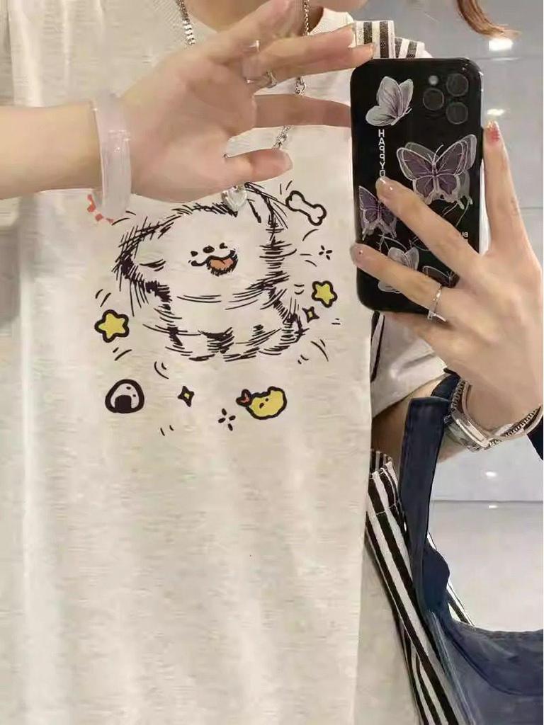 Korean Style Plus Size Cartoon Cotton T-shirt for Women - Summer Loose Fit Half Sleeve Design