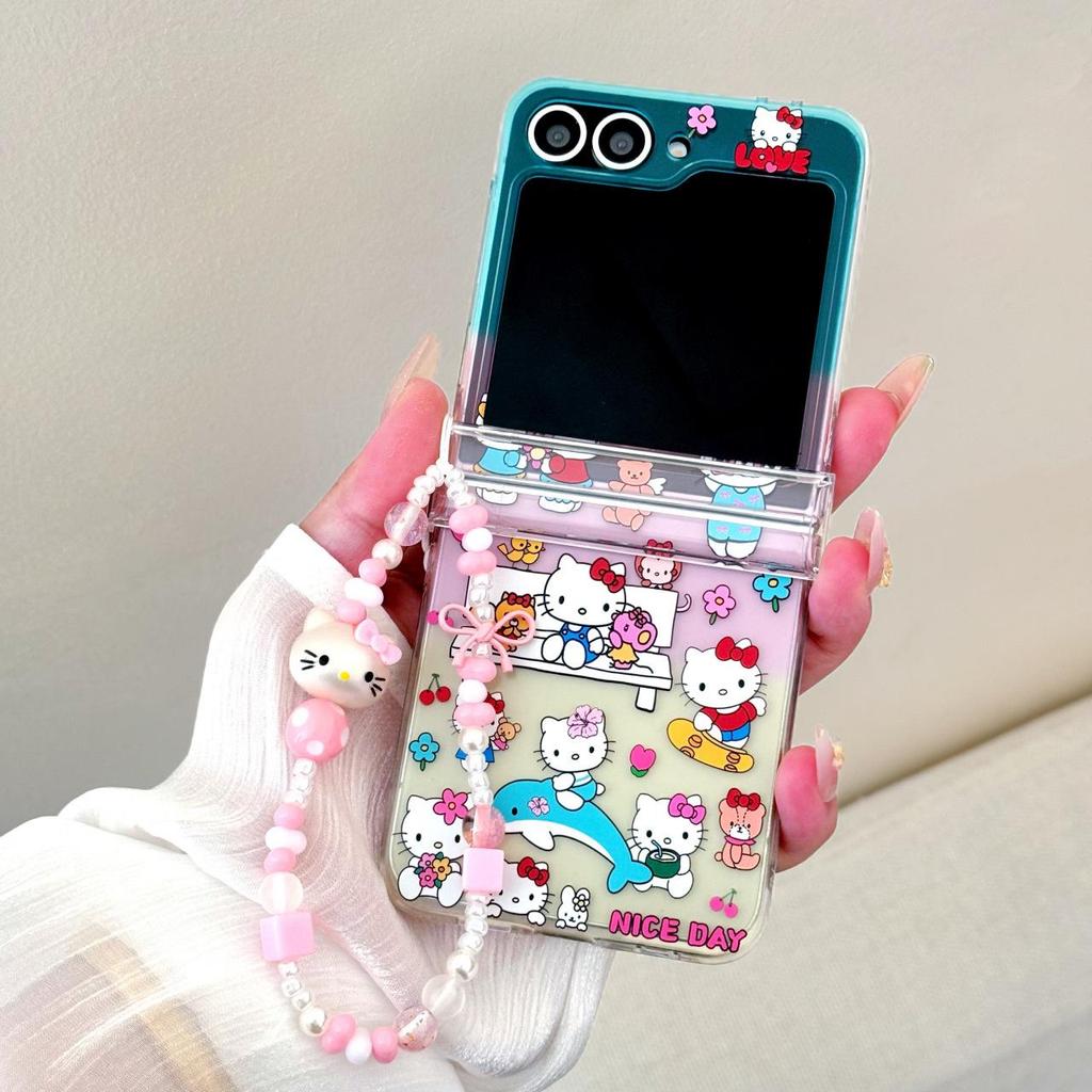 Capa Cartoon Gato KT para Z Flip, Tela Dobrável, à Prova de Queda, Capa Protetora Criativa para Mulheres com Pulseira