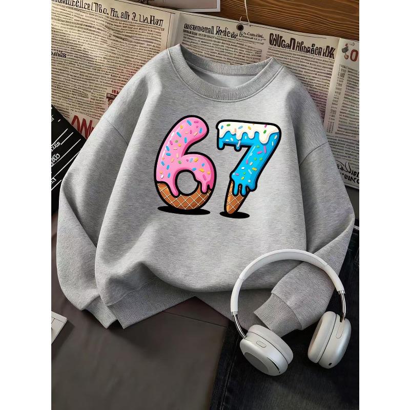 Kids Unisex Crewneck Sweatshirt, Cute Dripping Ice Cream Waffle Cone Shaped Number 6 & 7 With Colorful Sprinkles Print For 7th Birthday Sweet Lover