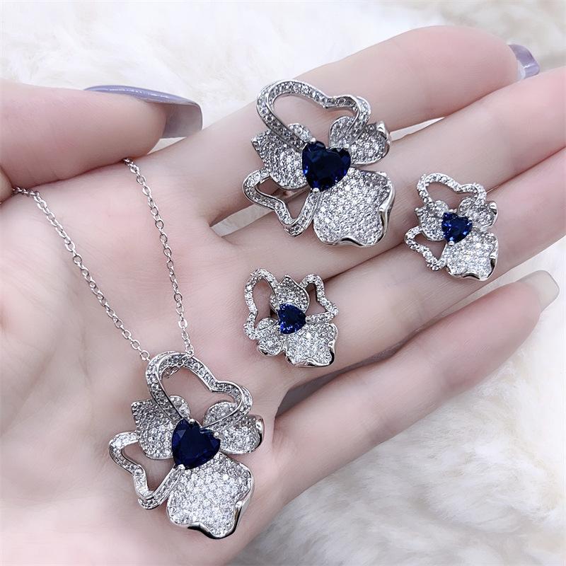 Luxury Women's Three-Piece Set: Floral Ring, Necklace & Earrings with Micro-set Diamonds