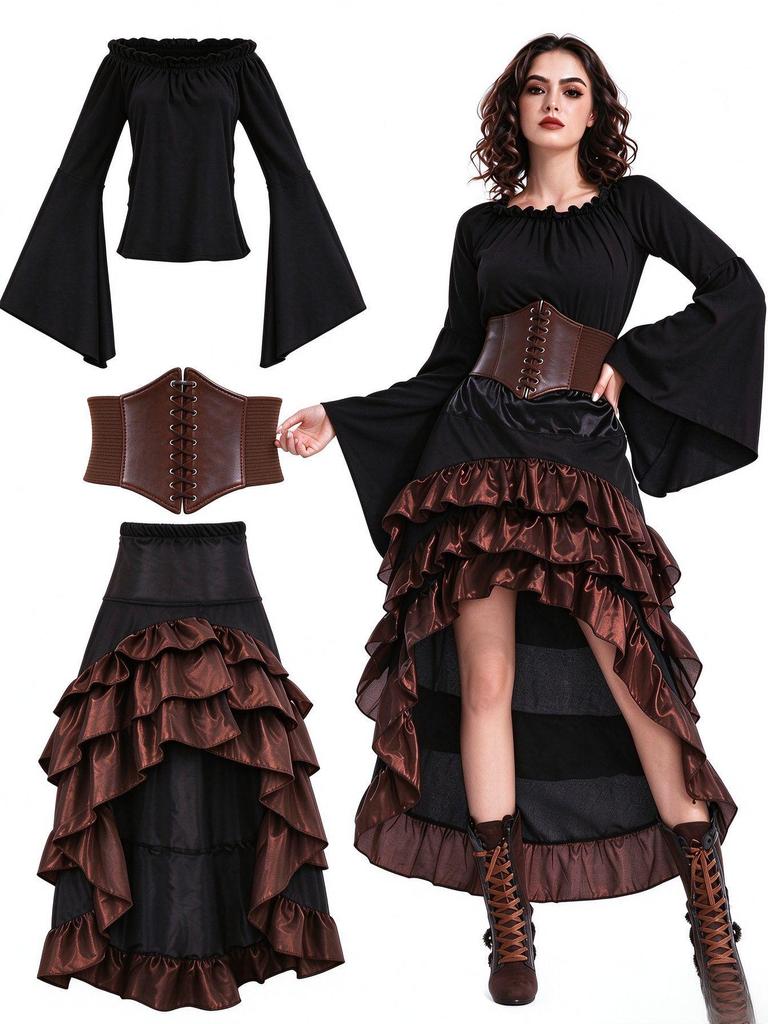 Abito Corsetto Arricciato Gonna Pirata - Costume Medievale di Halloween, Personalizzabile