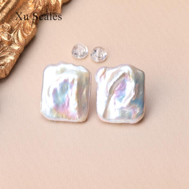 100% Natural FreshWater Baroque 15-21mm Aurora White Square Pearl Stud Earrings S925 Sterling Silver Anti Allergy Jewelry Gift